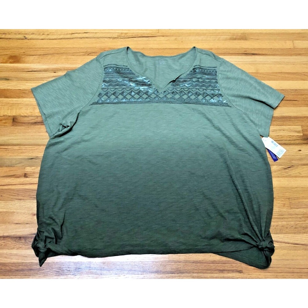 Catherine‎ Basic Boho Blouse Top Women 3X Green Embroidered Flowy Casual Sequin